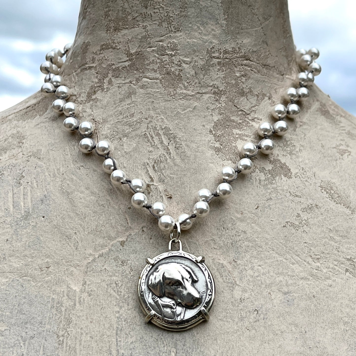 Handsome Sterling Hound Dog Button Necklace