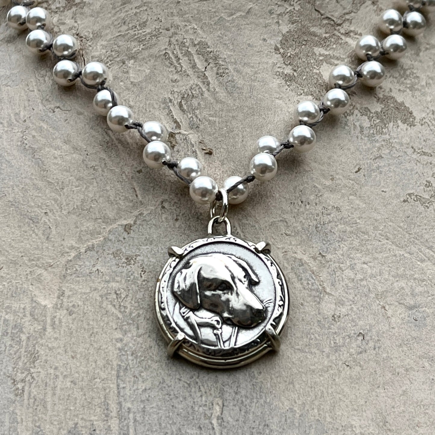 Handsome Sterling Hound Dog Button Necklace