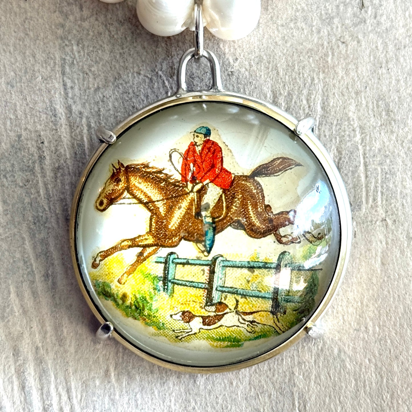 Vintage Fox Hunting Bridle Rosette on Pearl Necklace