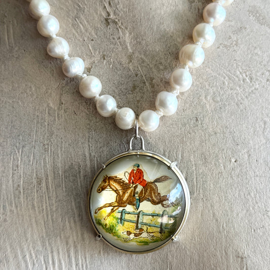 Vintage Fox Hunting Bridle Rosette on Pearl Necklace