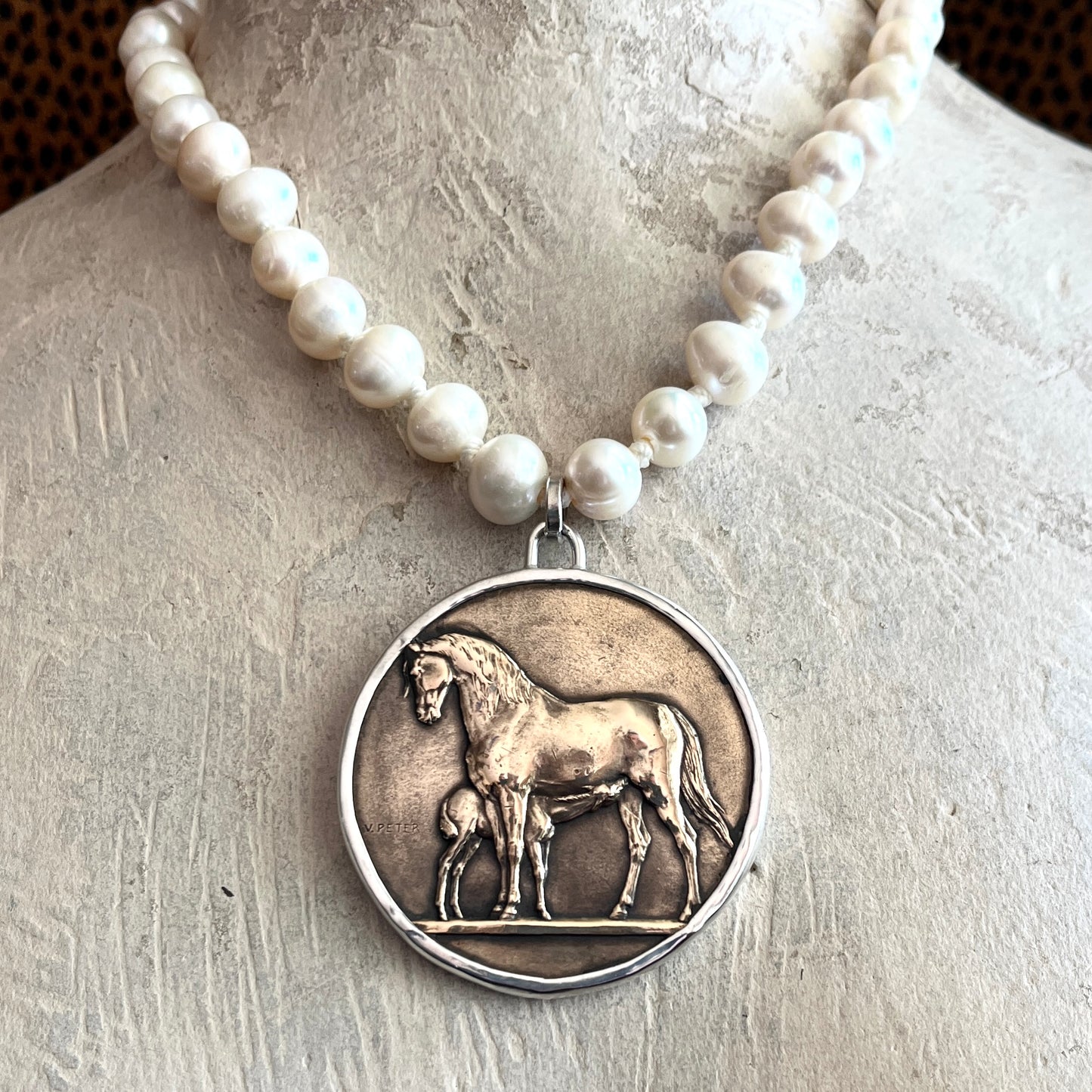 Bronze Mare and Foal Medal on White Pearl Necklace