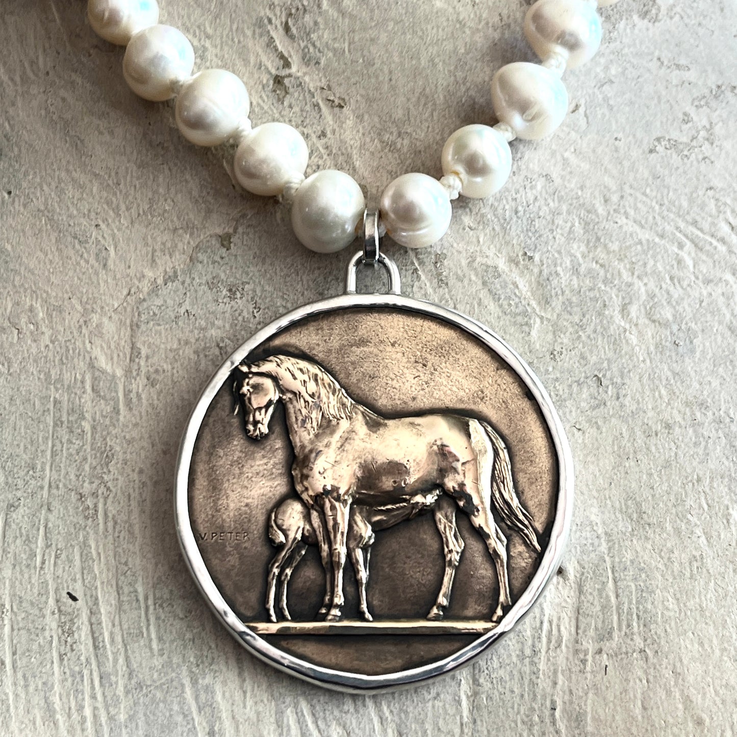 Bronze Mare and Foal Medal on White Pearl Necklace