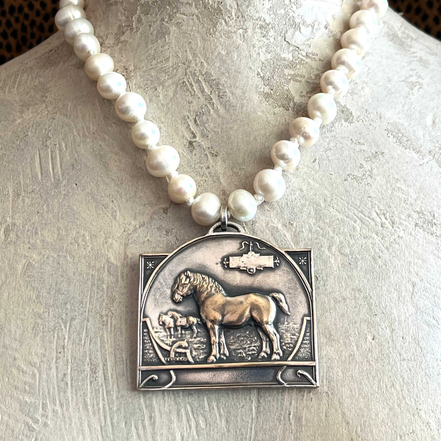 1947 Concours de Chevaux Medal on White Pearl Necklace