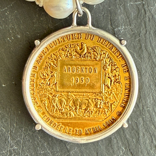 1930 Gilded French Horse Show Medal on Pearl Necklace