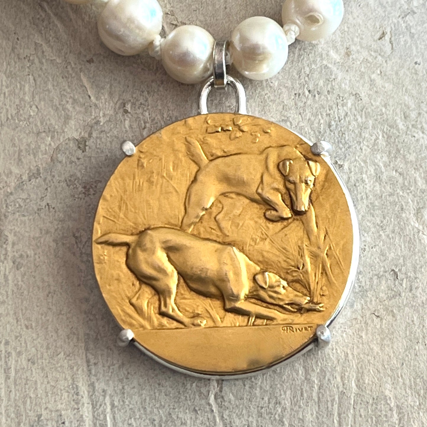 Gilded Bronze Terrier Medal on White Pearl Necklace