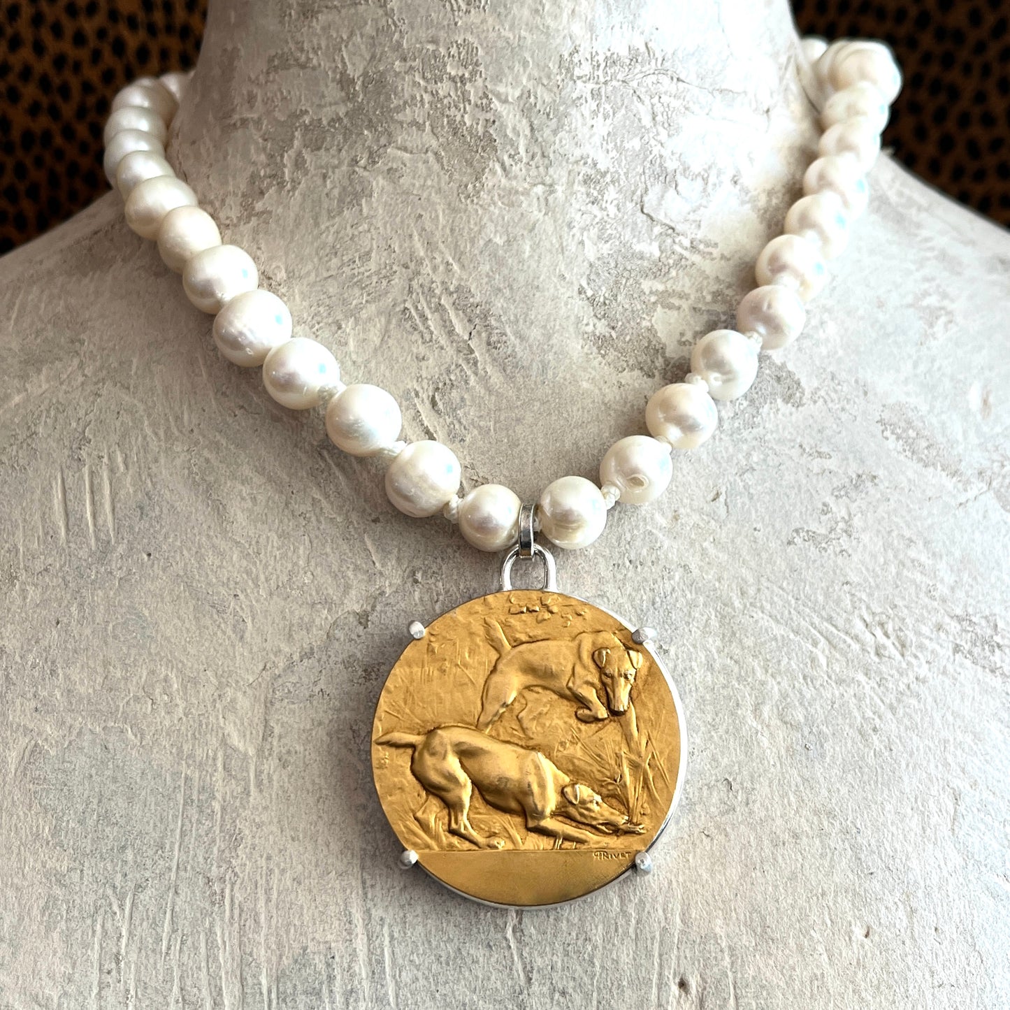 Gilded Bronze Terrier Medal on White Pearl Necklace
