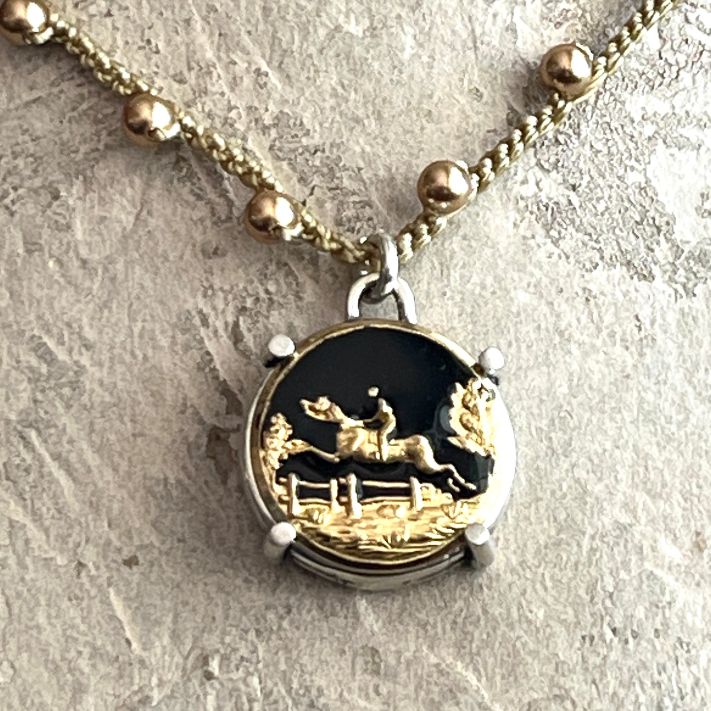 Enamel Jumper Button on Pearl Necklace