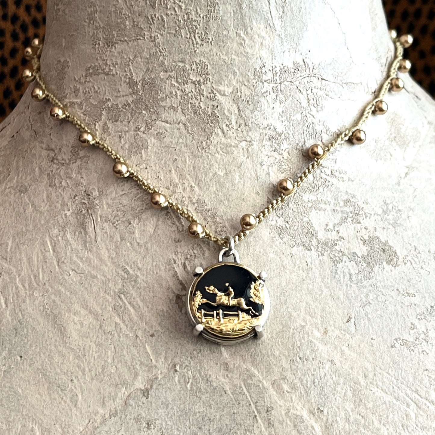Enamel Jumper Button on Pearl Necklace