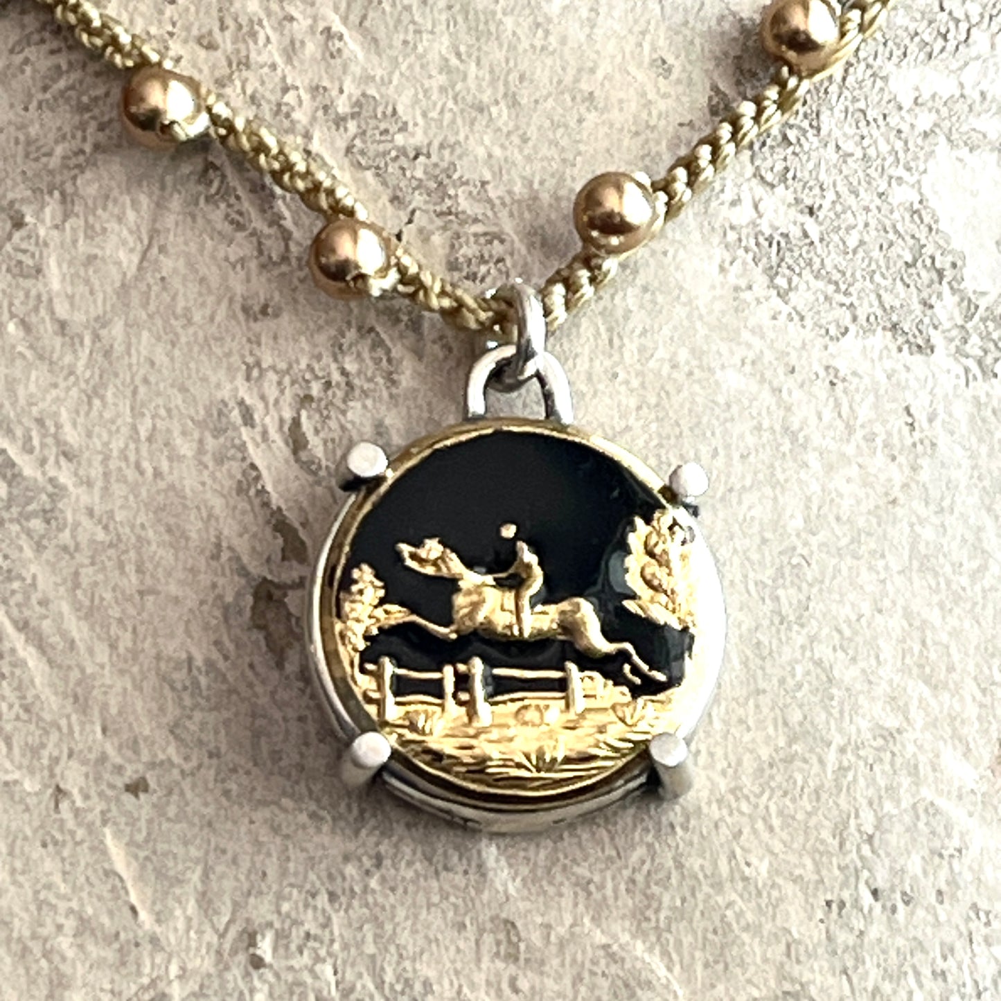 Enamel Jumper Button on Pearl Necklace