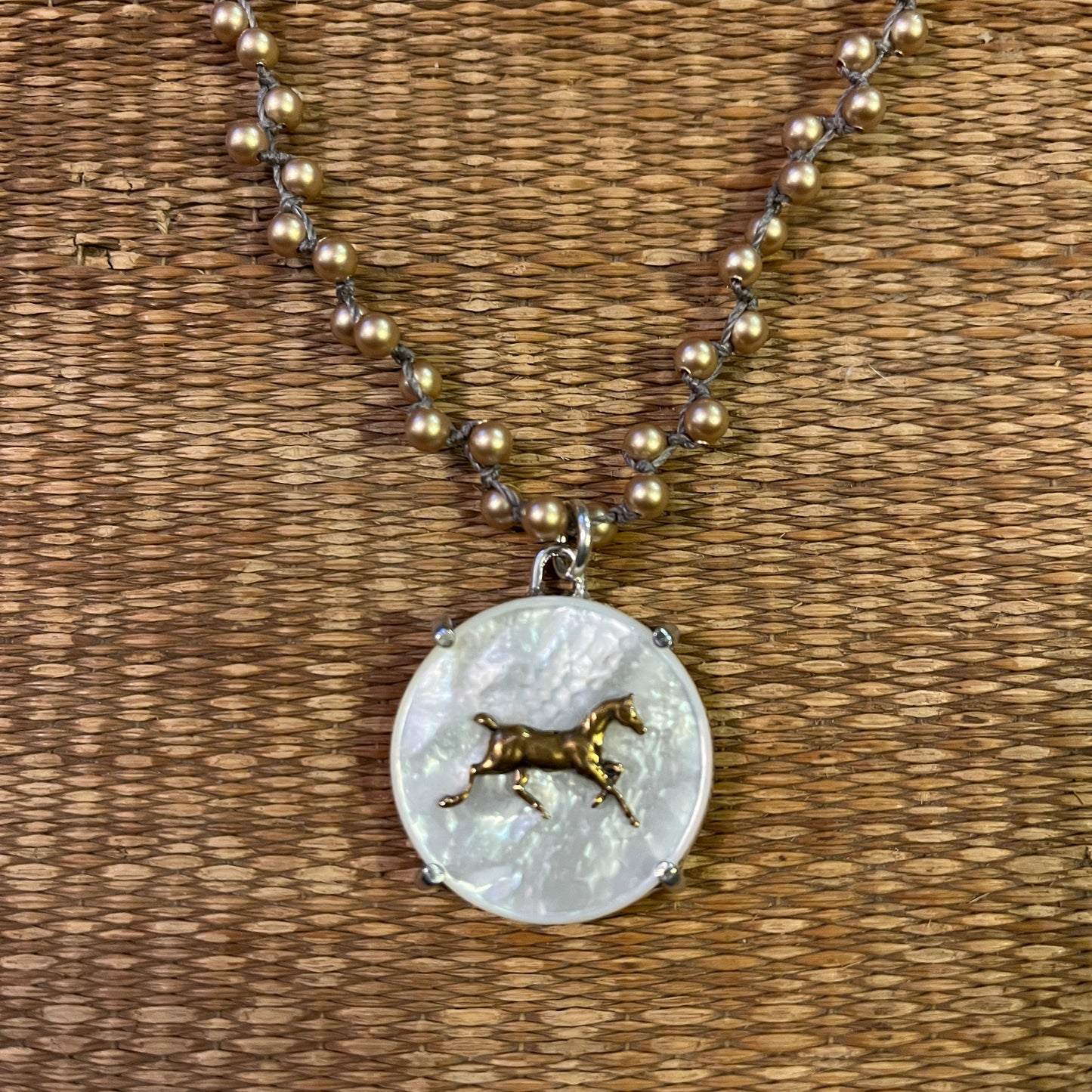 Mother-of-Pearl Horse Button on Pearl Necklace