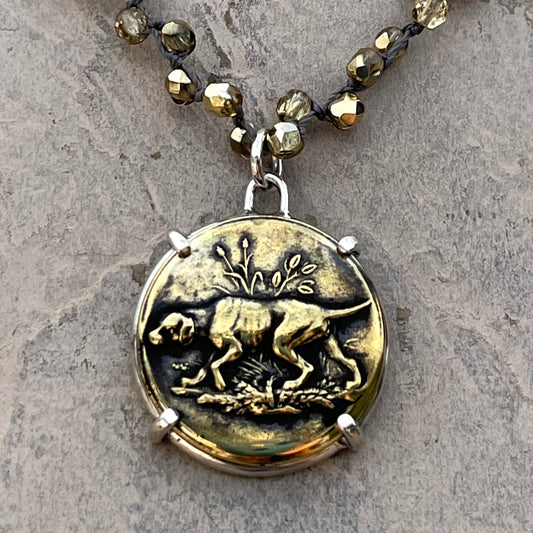 Detailed Brass Hound Dog Button Necklace