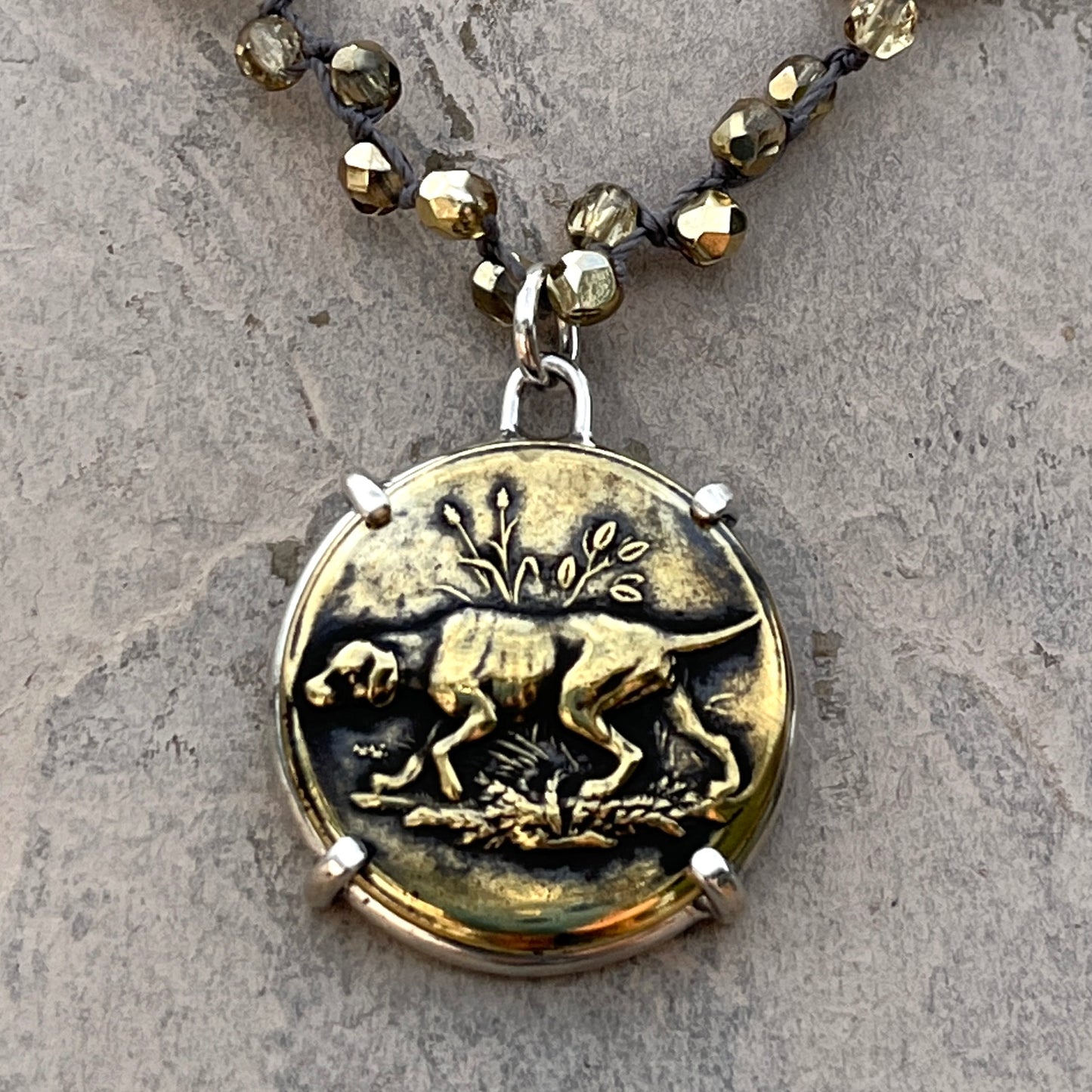 Detailed Brass Hound Dog Button Necklace
