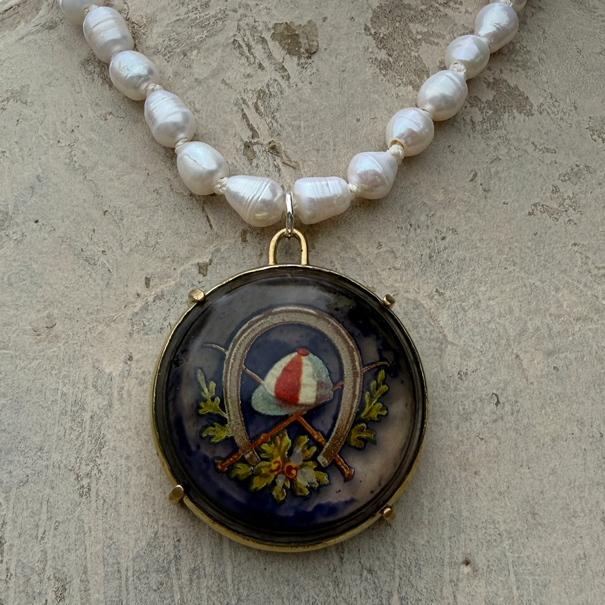 Vintage Racing Bridle Rosette on White Pearl Necklace