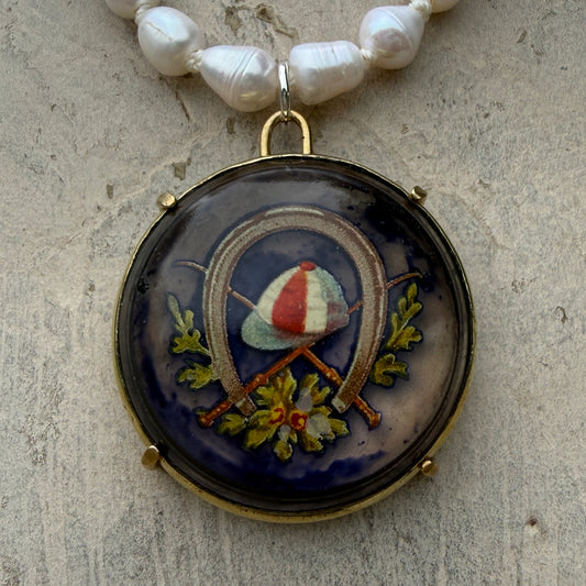 Vintage Racing Bridle Rosette on White Pearl Necklace