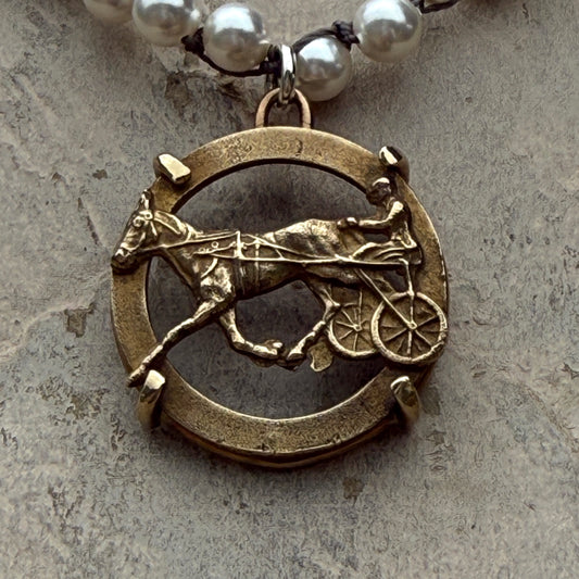 Bronze Trotter Button on Pearl Necklace