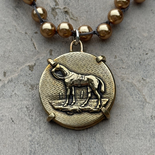 Classic Bronze Hunter Horse Necklace on Gold Pearls