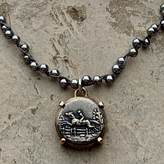 Dark Silver Galloping Horse Button Necklace