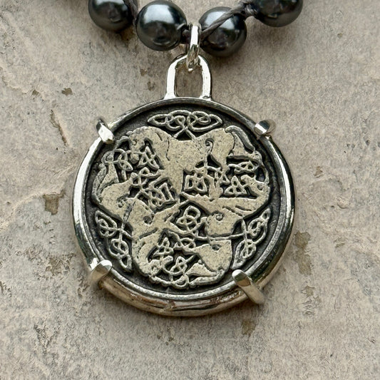 Triple Celtic Horses on Grey Pearl Necklace