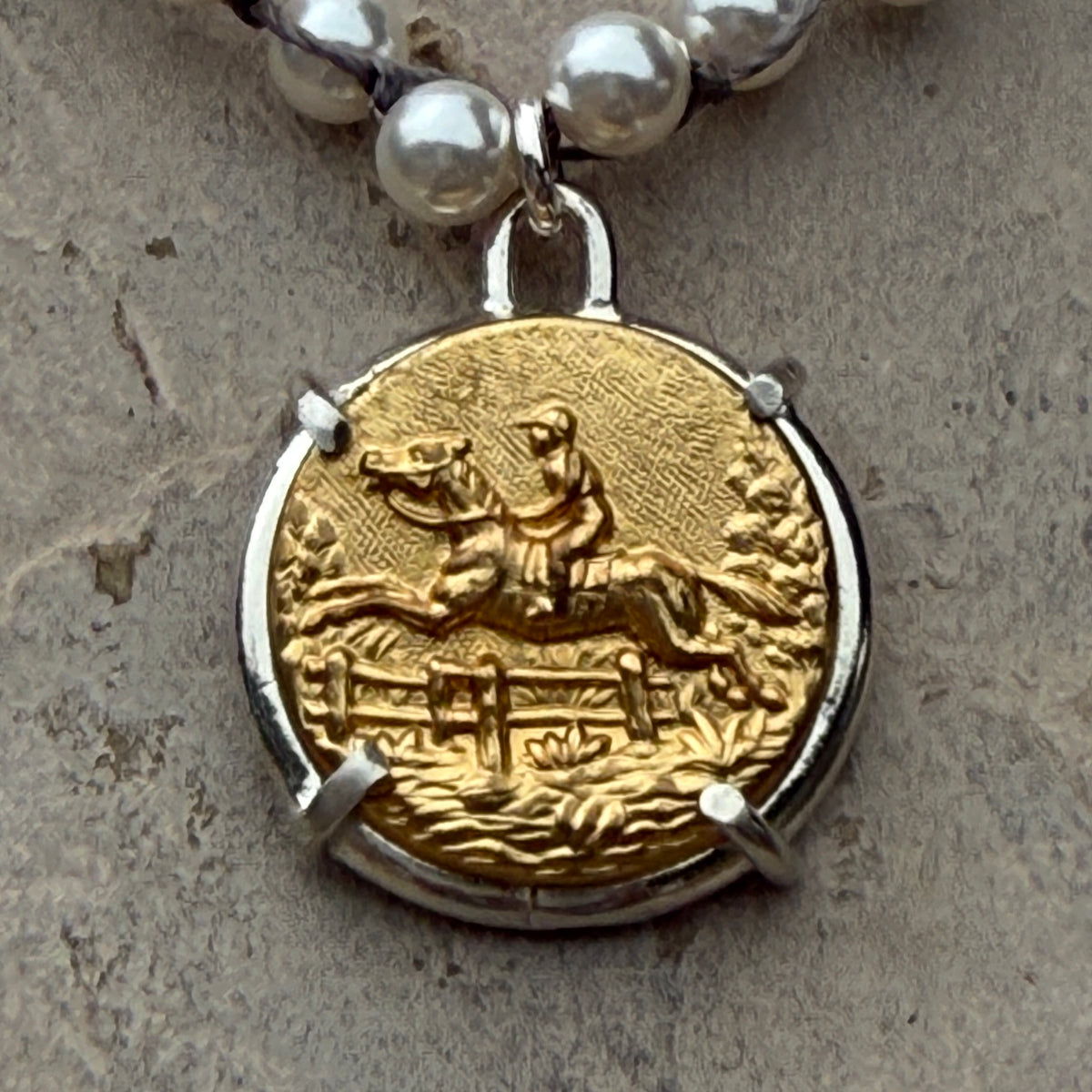 Large Bright Brass Galloping Horse Button Necklace