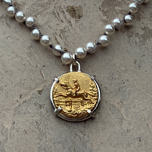 Large Bright Brass Galloping Horse Button Necklace