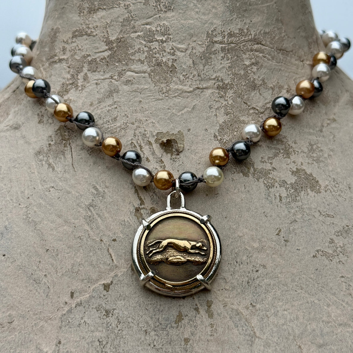 Rare Vintage Brass Hound in Horseshoe Button Necklace