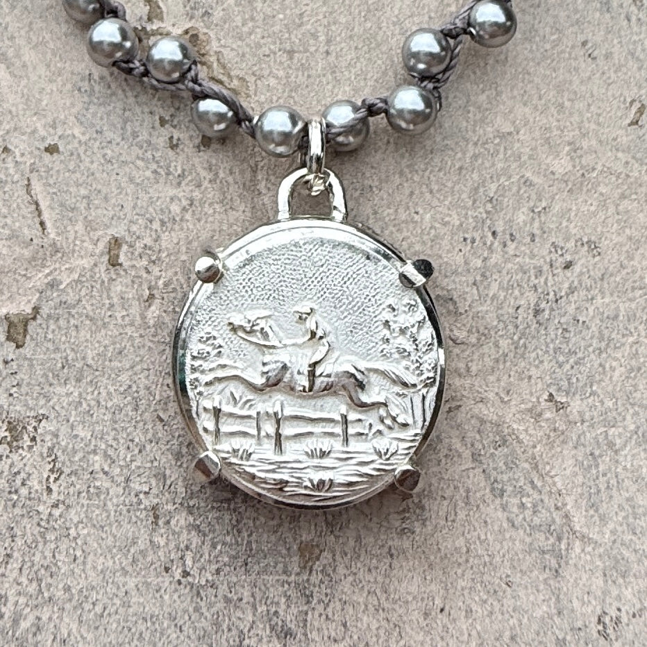 Silver Galloping Horse Button Necklace