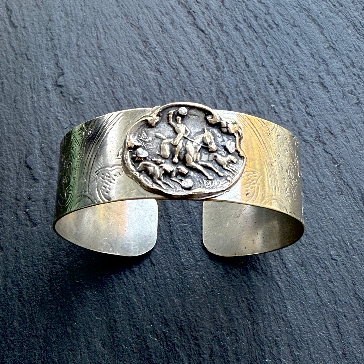 Silver Platter Fox Hunting Cuff Horse Bracelet
