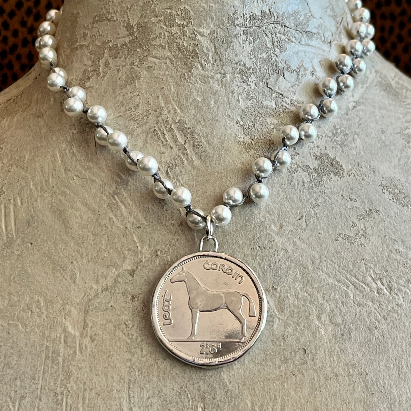 Irish Half-Crown on Pearl Necklace