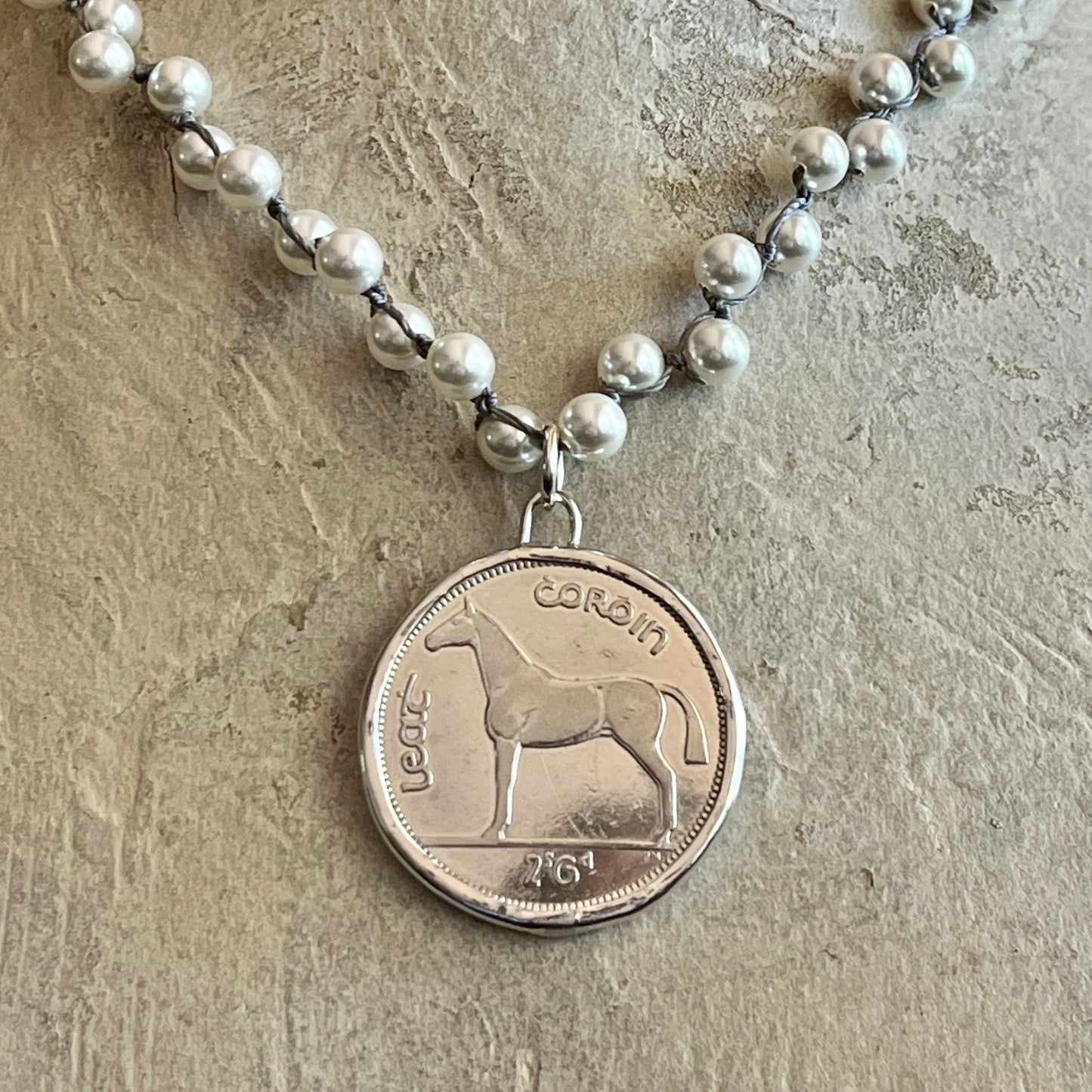 Irish Half-Crown on Pearl Necklace