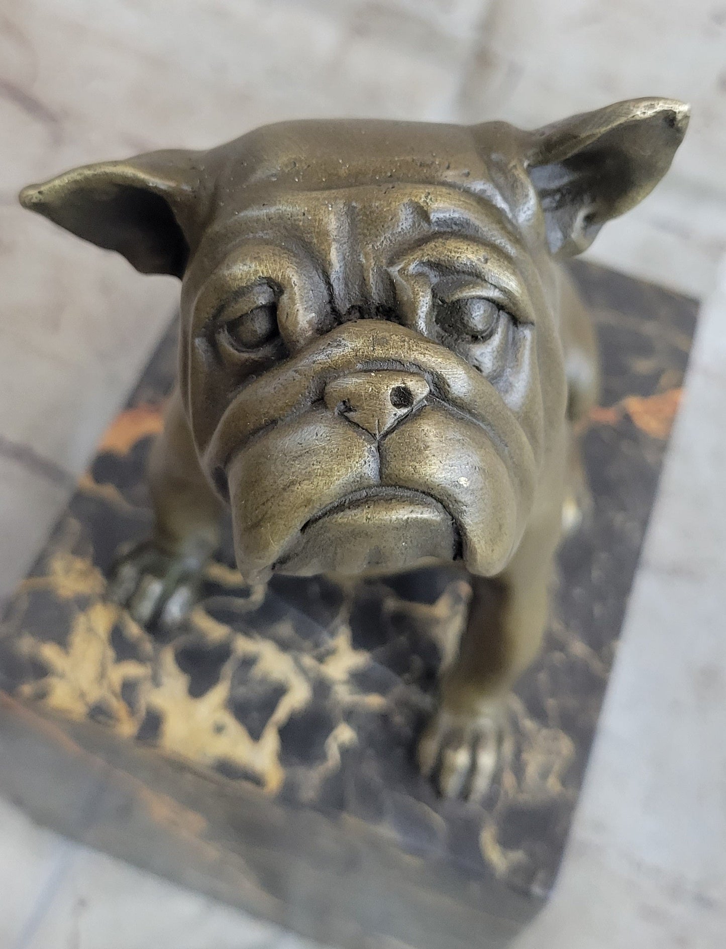 15 LBS English Bulldog Dog Animal Bronze Sculpture Marble Base Statue Figurine