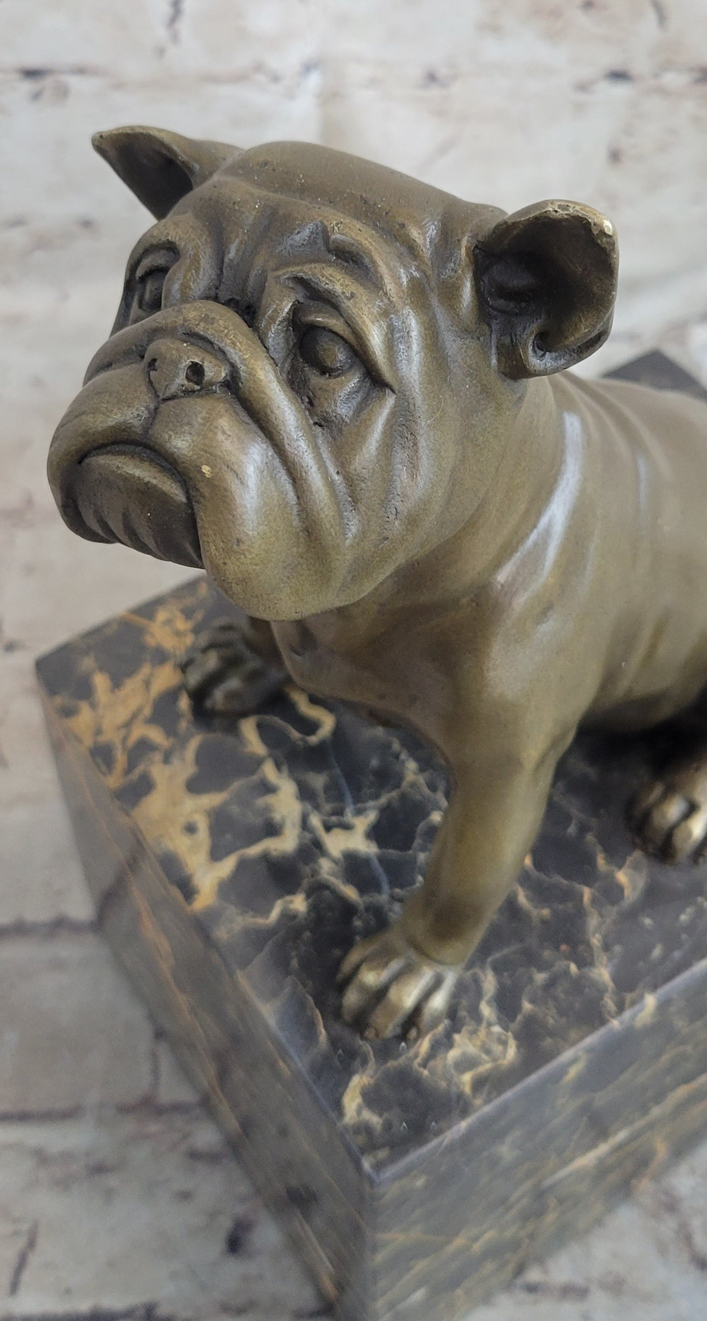 English Bulldog Dog Bronze Sculpture Marble Base