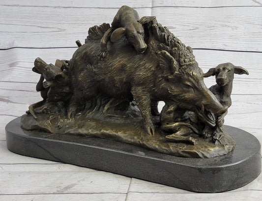 Boar Attacked by Wild Dogs Hot Cast Bronze Sculpture Statue Art by Lecourtier