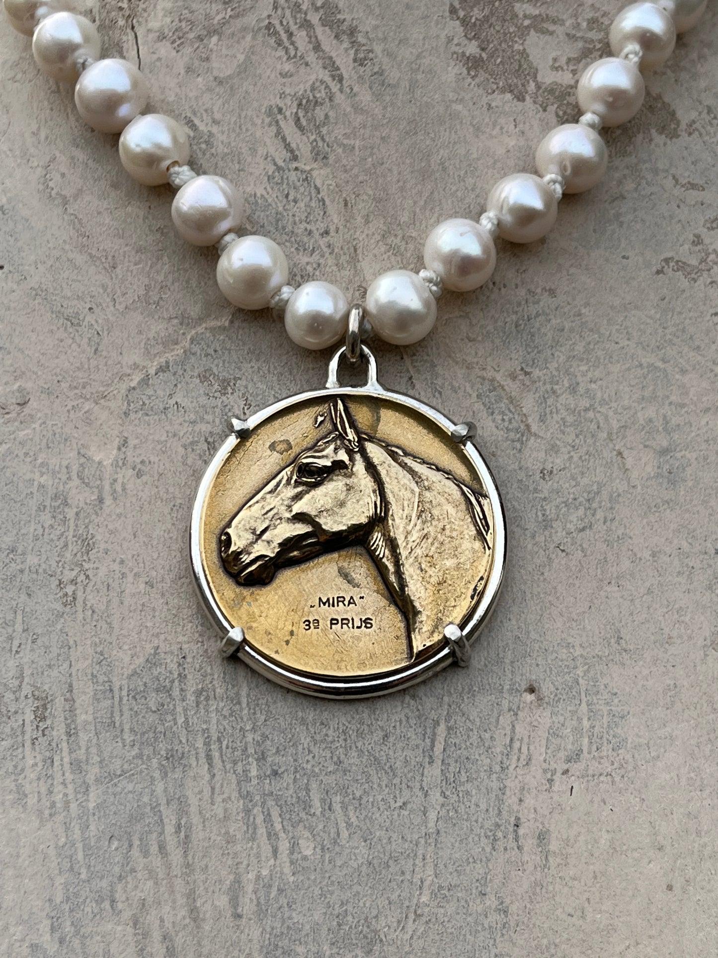 Warmblood Horse Head Medal on White Pearl Necklace
