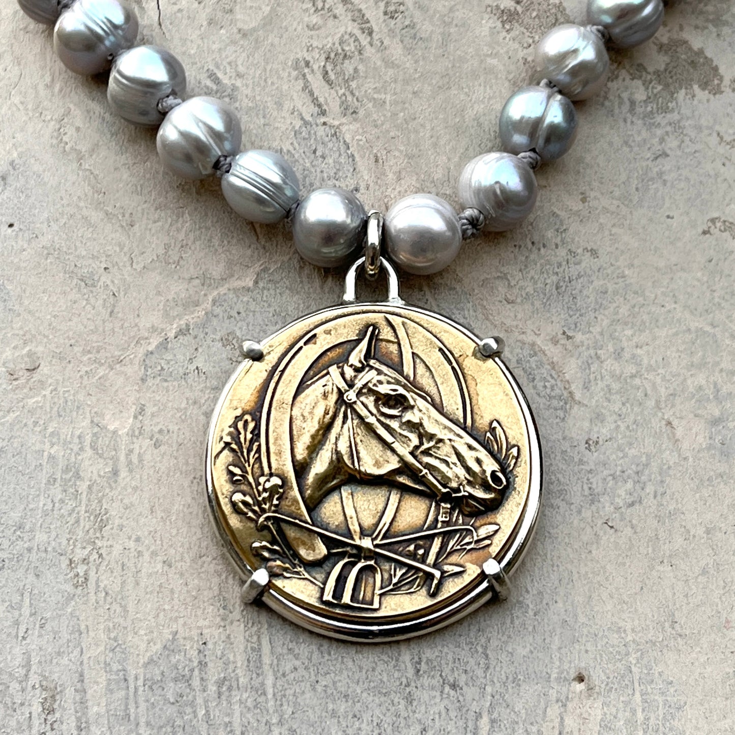 Dutch Horse Head Medal on Pearl Necklace