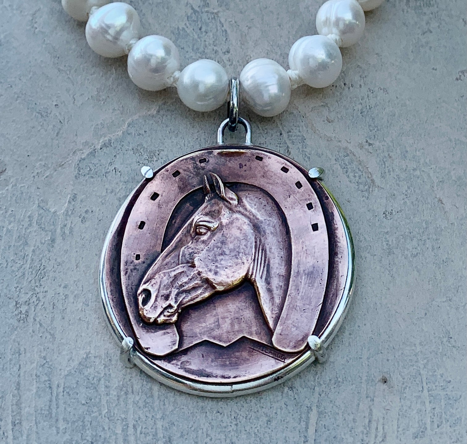 Bronze Cartier Horse Head on Pearl Necklace