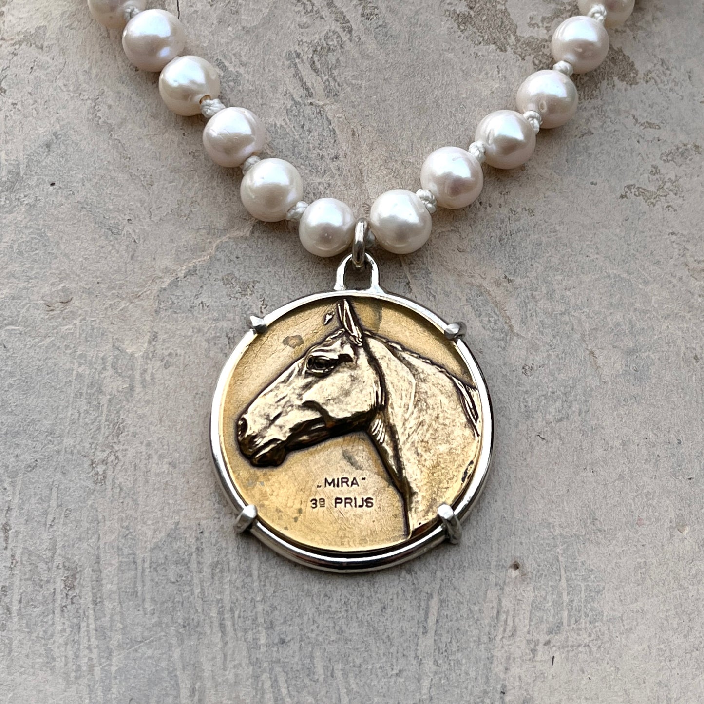 Warmblood Horse Head Medal on White Pearl Necklace