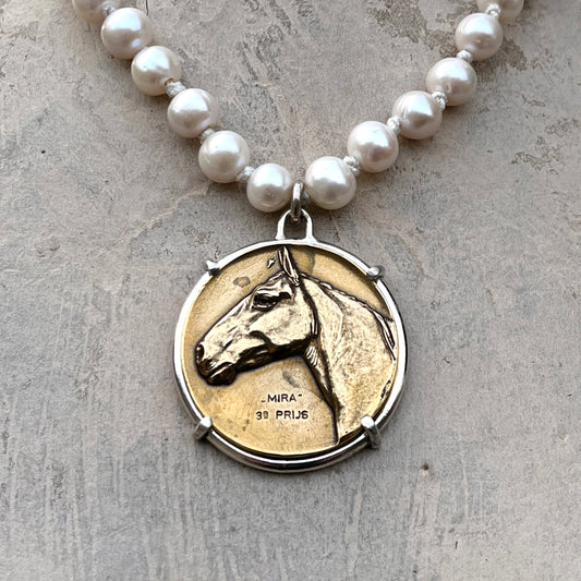 Warmblood Horse Head Medal on White Pearl Necklace