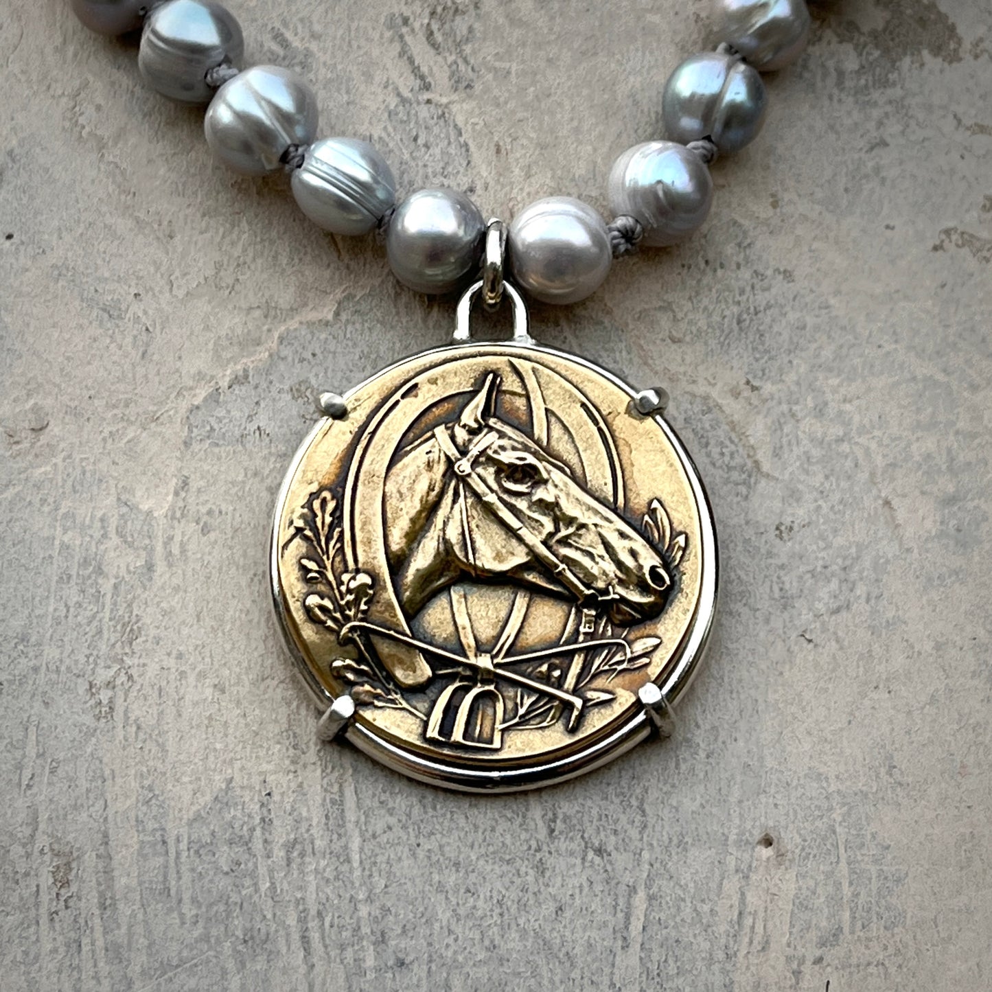 Dutch Horse Head Medal on Pearl Necklace