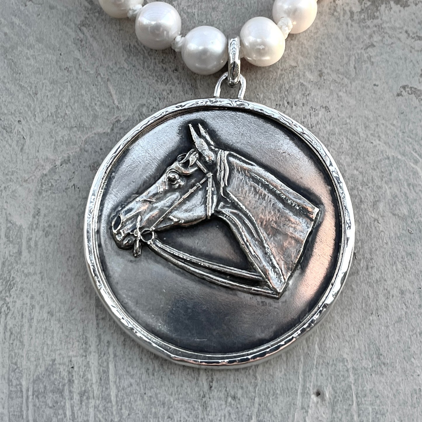 Vintage Horse Head Medal on Pearl Necklace
