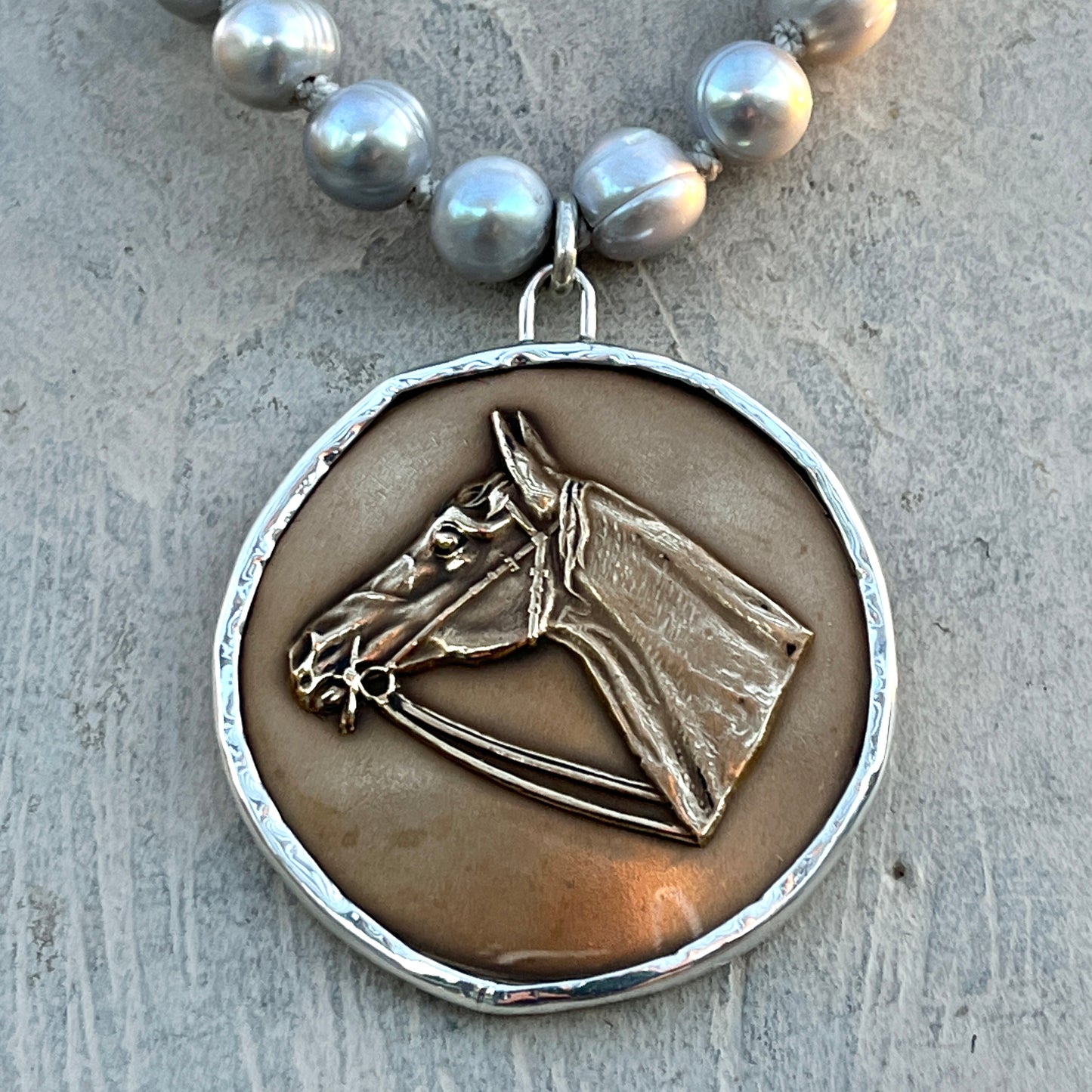 Vintage Horse Head Medal on Pearl Necklace