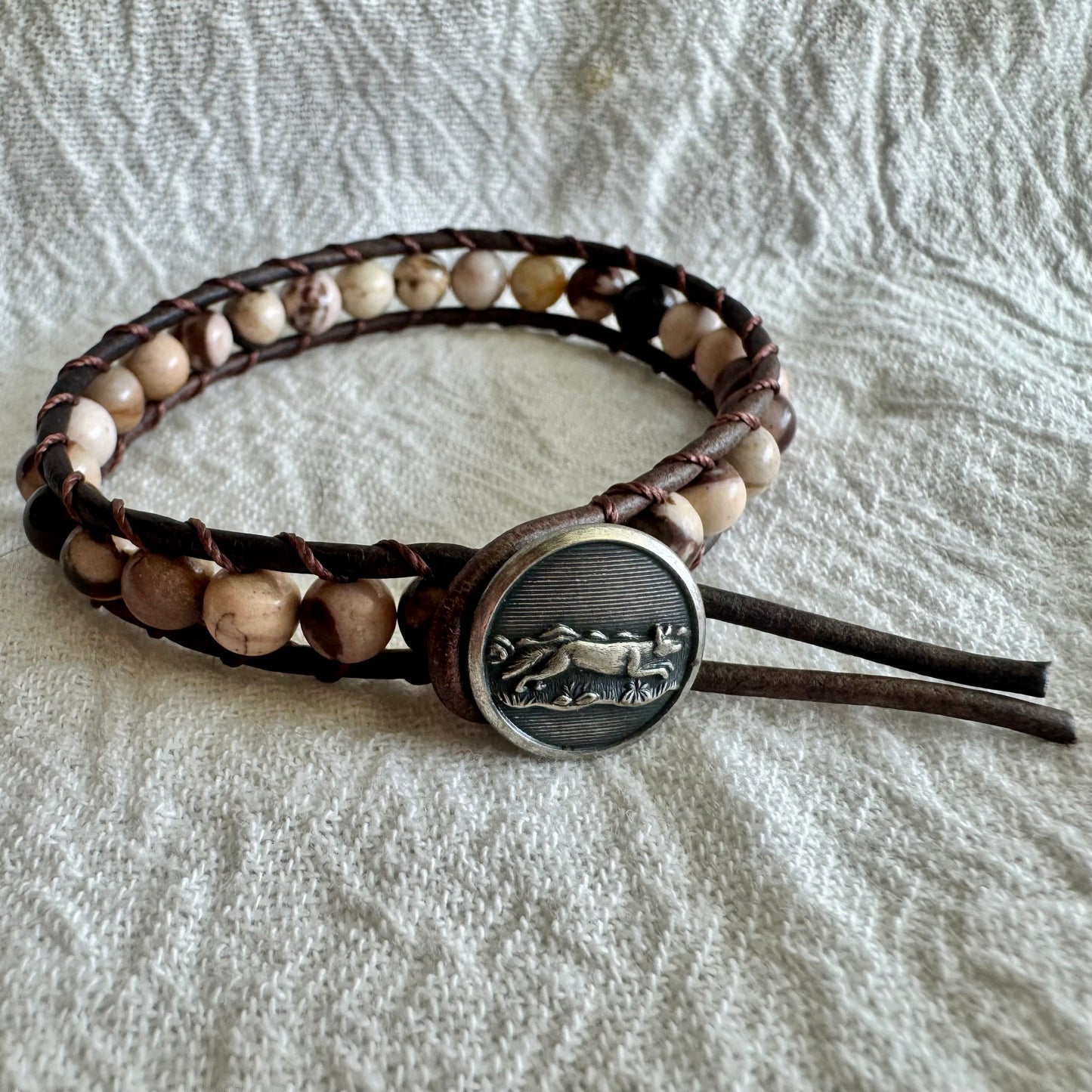 Leather Wrap Bracelet with Wild Horse Jasper & Silver Running Fox Button