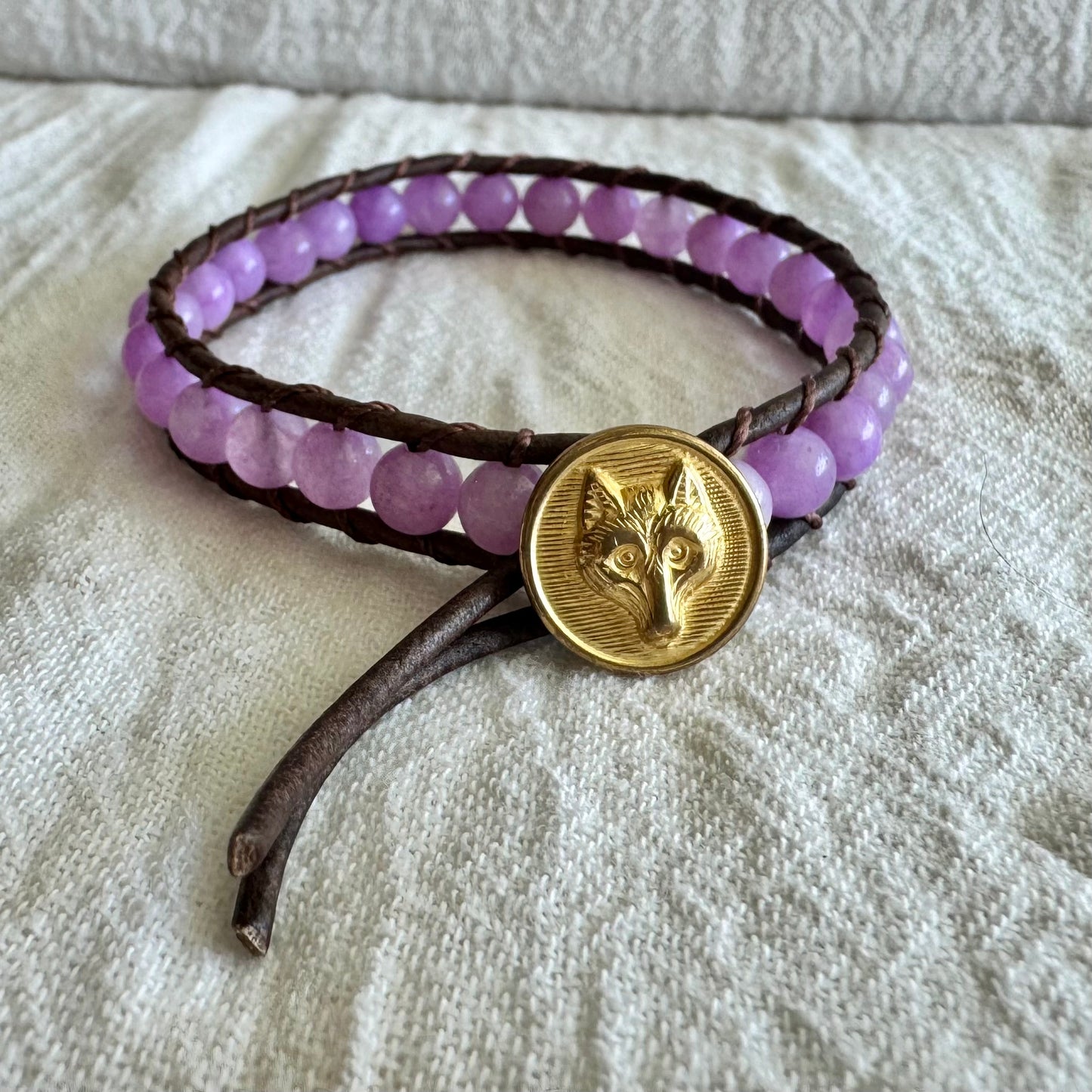 Leather Wrap Bracelet with Lavender Amethyst & Brass Fox Button