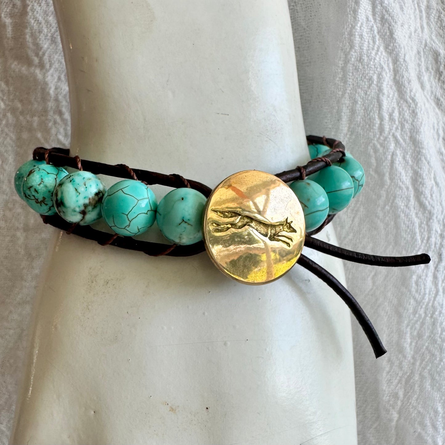 Leather Wrap Bracelet with Turquiose & Brass Fox Button
