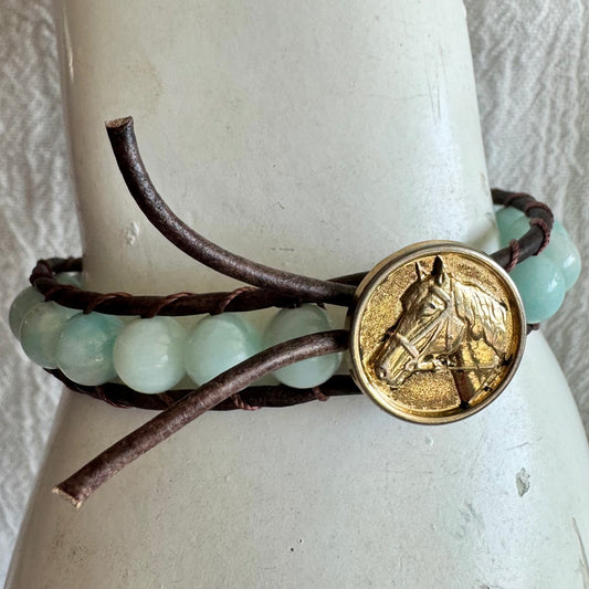 Leather Wrap Bracelet with Amazonite & Brass Horse Head Button