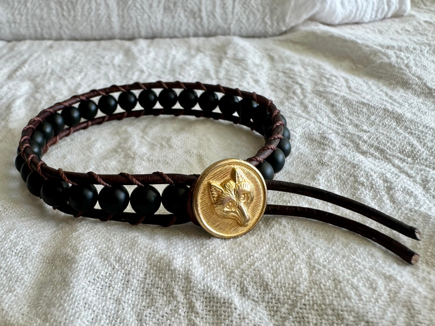 Leather Wrap Bracelet with Matte Black Onyx & Brass Fox Button
