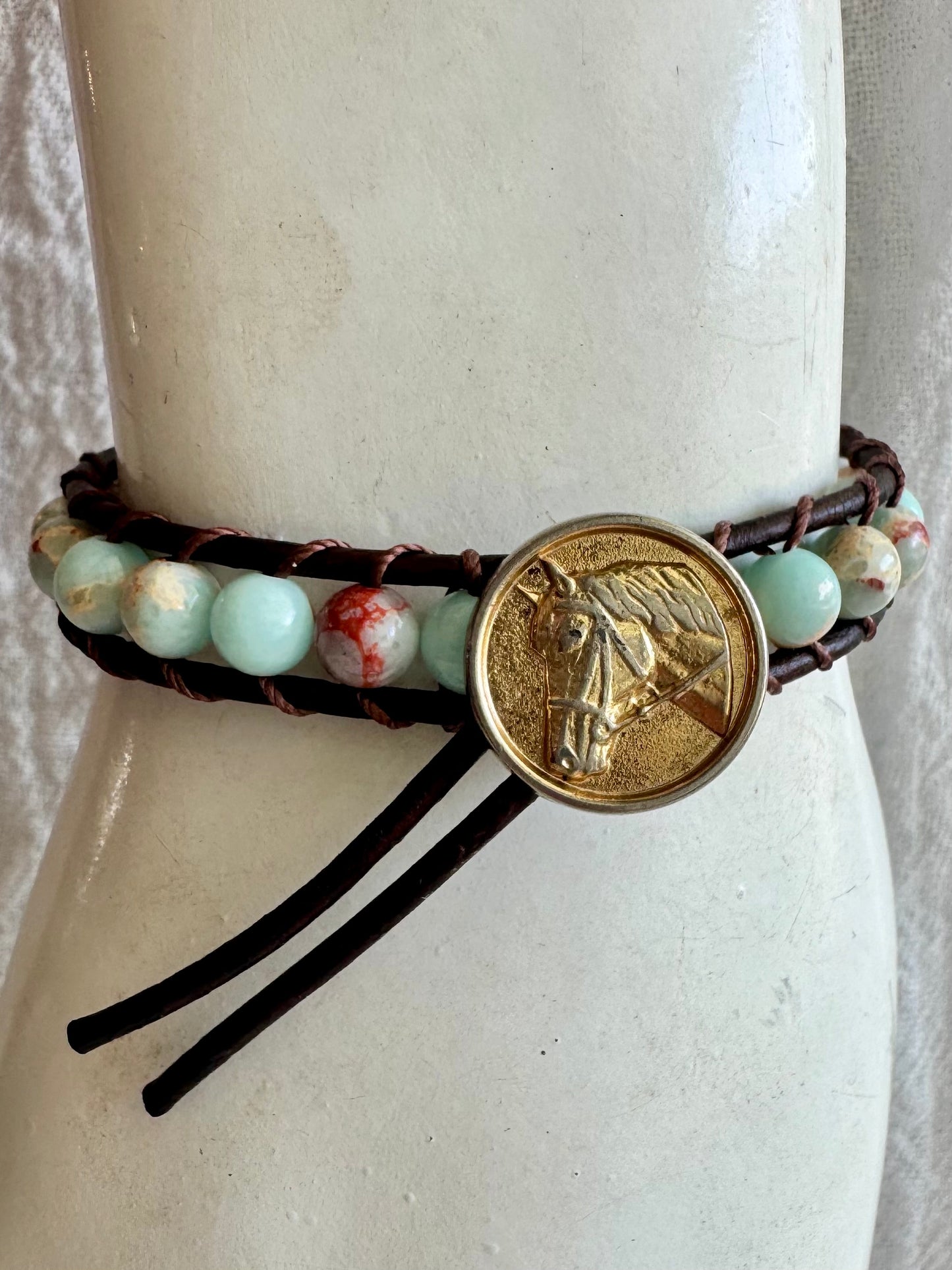 Leather Wrap Bracelet with Ocean Jasper & Brass Horse Button