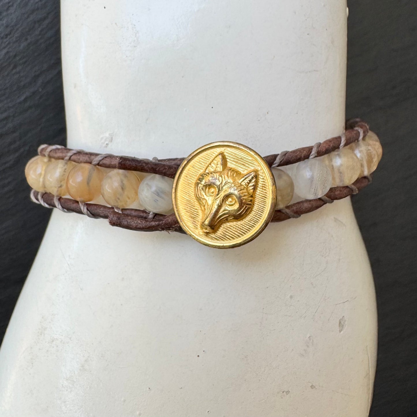 Leather Wrap Bracelet with Brass Fox Mask Button