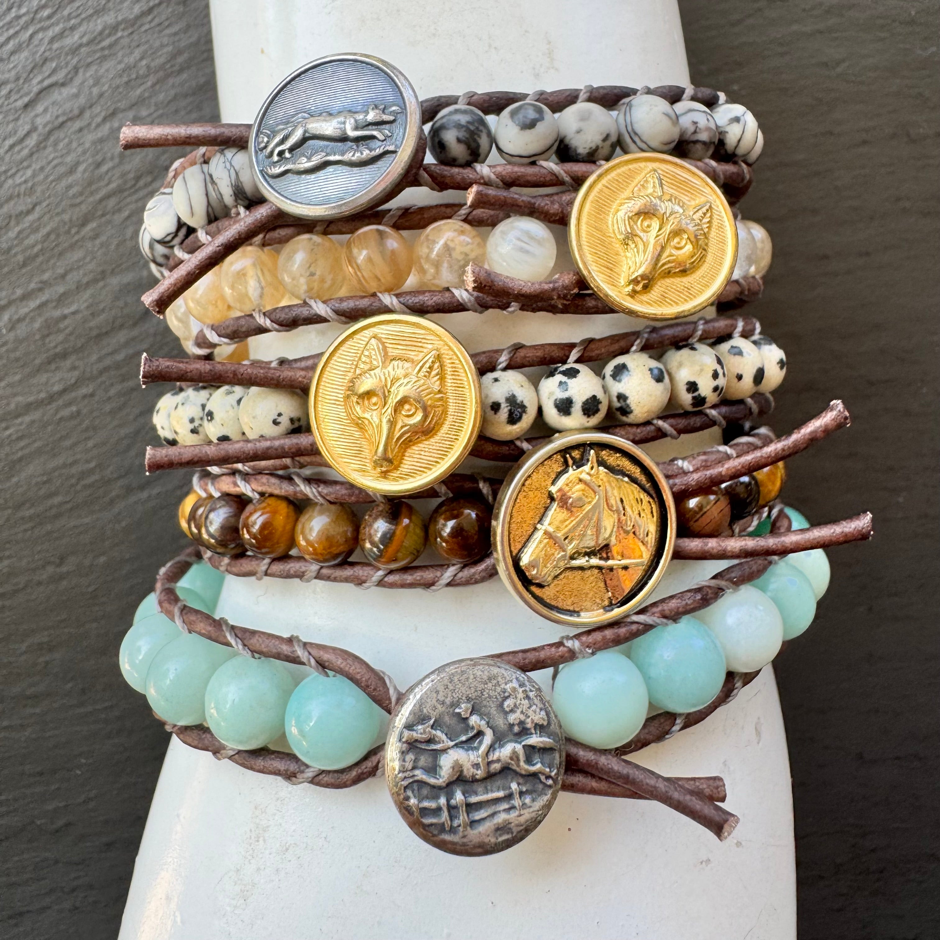 Leather Wrap Bracelet with Dalmation Semi-Precioius Beads and Brass Fo