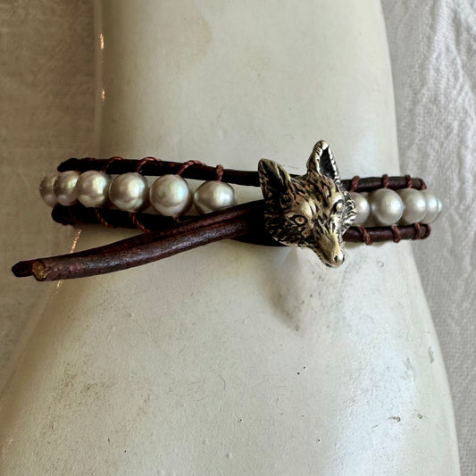 Leather Wrap Bracelet with Grey Fresh Water Pearls & Sterling Silver Fox Head