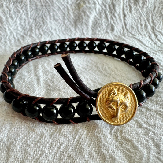 Leather Wrap Bracelet with Black Onyx & Brass Fox Head Button